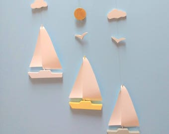 Sailboat Mobile-Y34 ,Baby Mobile,Kinetic Mobile,Nautical,Ocean Art,Sailboat,Beach Decor,Mobile,Boat,Yacht,Mobiles,Yellow,Nursery Decor,Gift