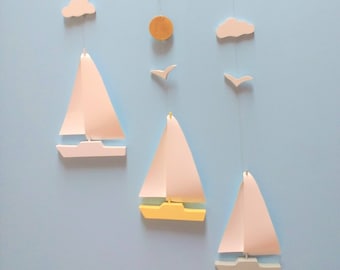 Sailboat Mobile-Y34 ,Baby Mobile,Kinetic Mobile,Nautical,Ocean Art,Sailboat,Beach Decor,Mobile,Boat,Yacht,Mobiles,Yellow,Nursery Decor,Gift