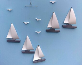 Sailboat Mobile,Y51-3ct or 5ct, Mobiles, Sailboat, Baby Mobile, Seagulls, Gray, Blue, Brown, Nautical, Coastal, Ocean, Boat, Yacht, Beach