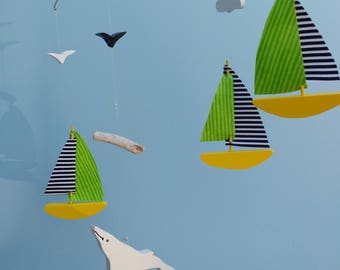 SAILBOAT MOBILE w Whale,Baby Mobile, Kinetic, Sailboat, Nursery Decor, Mobile, Nautical, Sea Life Mobile,Baby Shower Gift,Yellow,Lime,Whale