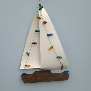 SAILBOAT Ornament w Lights,Wood Ship,Ornament, Christmas Ornament, Miniature Ship, Wooden Sailing Ship, Sailboat, Sailboat Decoration,Boat