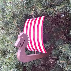 VIKING Dragon Ship w Flag Ornament, Viking Sailing Ship, Christmas Ornament, Wood Viking, Viking, Christmas Tree Ornament, Dragon, Miniature