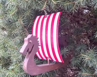 VIKING Dragon Ship w Flag Ornament, Viking Sailing Ship, Christmas Ornament, Wood Viking, Viking, Christmas Tree Ornament, Dragon, Miniature