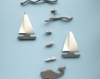 Sailboats and Whale Mobile-Y5,Sailboat Mobile,Sailboats,Garden Art,Yacht,Sailboat,Whale,Mobile,Nautical,Ocean Mobile,Hanging Mobile