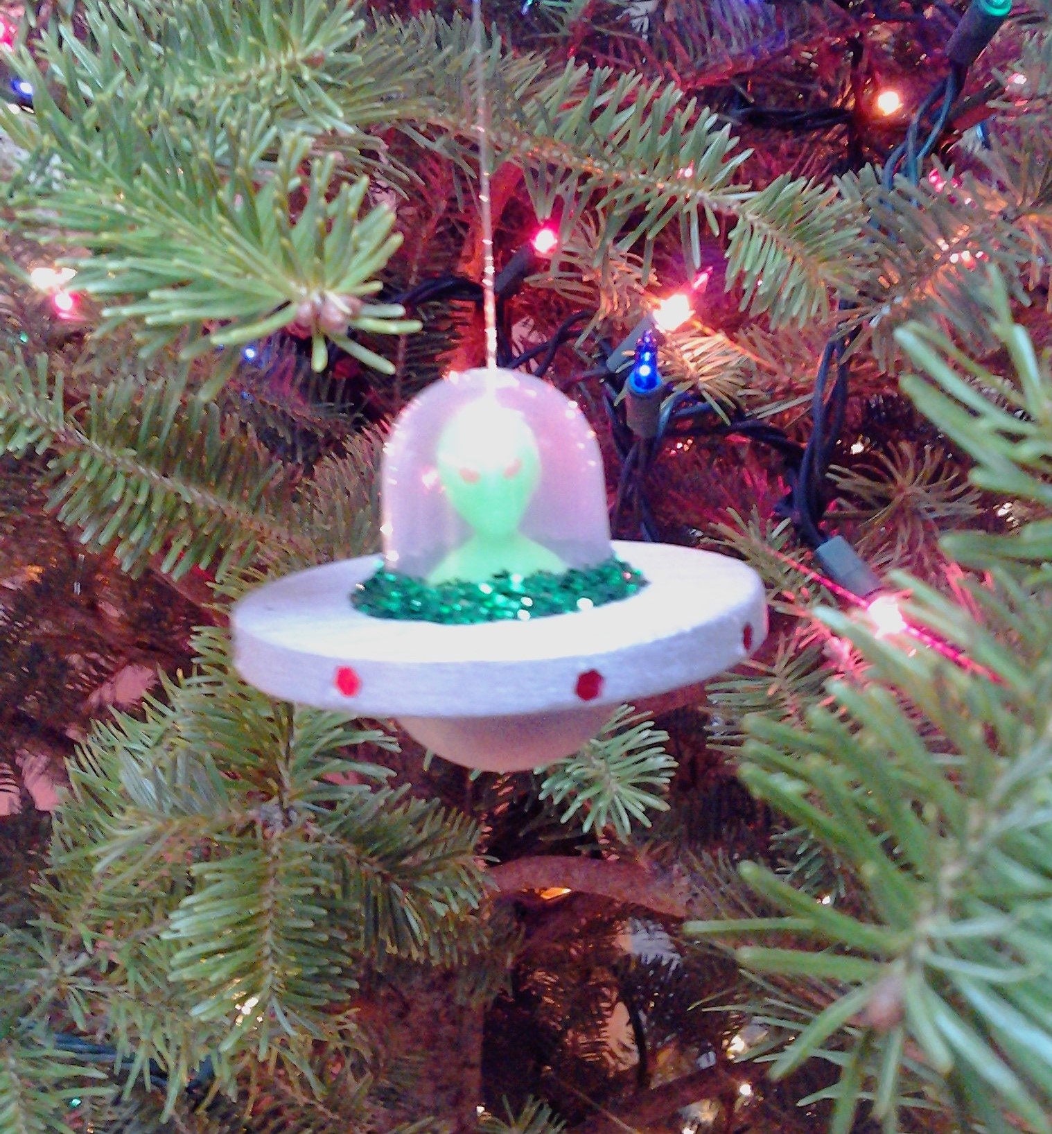 Alien Space Ship Ornament,Glow in the Dark,Sci Fi Ornament,Wood, Alien Decoration,Space Ship w Alien Ornament,Christmas Tree Ornament,Gift
