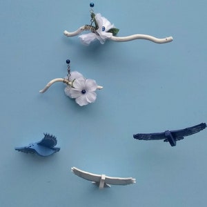 Bird Mobile,D95,Bird,Mobile,Baby Mobile, Nursery Mobile, Baby Shower Gift, Hand Painted, Hanging Mobile, Kinetic, Wood Birds, Blue, Flowers