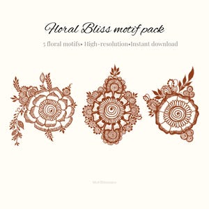 May include: A graphic titled "Floral Bliss motif pack" featuring three brown floral designs. Text includes "5 floral motifs • High-resolution • Instant download."