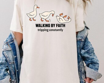 Walking by Faith Tripping Constantly Shirt – Funny Christian Humor Tee, Inspirational Faith Shirt, Religious Gift for Women