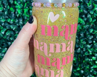 Vaso de bola de nieve Glitter Mama con pajita y tapa decorada