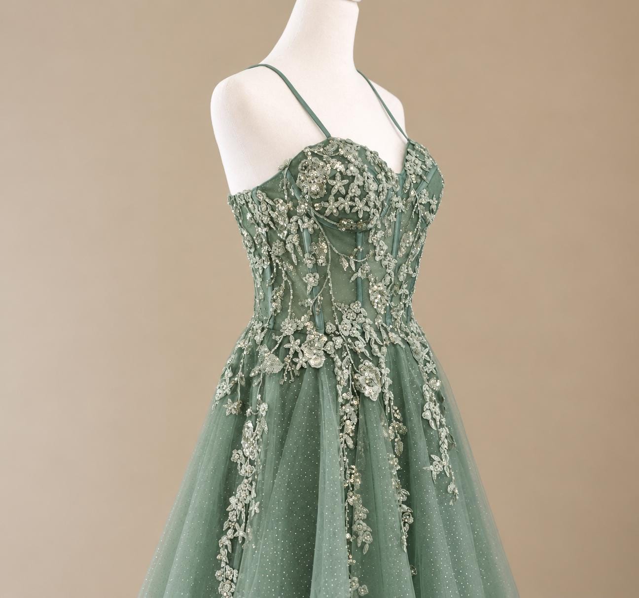 Sparkly A-line Sage Green Prom Dress, Beaded Corset Tulle Formal Dress