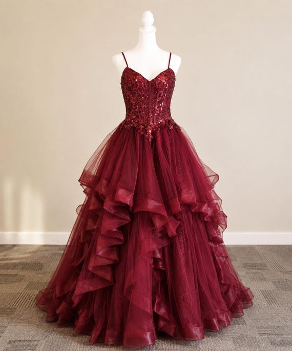 sequin burgundy prom dress Dress, Spaghetti Strap Tulle Ball Gown, Layered Ruffle Evening Mermaid Style Fabric Monitor_disable:2026-06-04 03:43 Women's Brown Ruched Linen-Blend Size (INDIA/UK):6