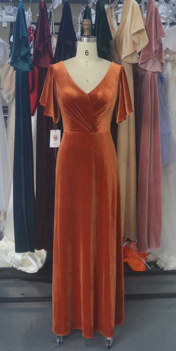 Rust Velvet Bridesmaid Dress, V Neck Flutter Sleeve Maxi Dress, Fall Wedding Guest Gown