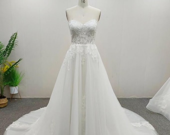 Strapless A-Line Wedding Dress with Lace Appliqué, Sweetheart Elegant Romantic Bride Gown