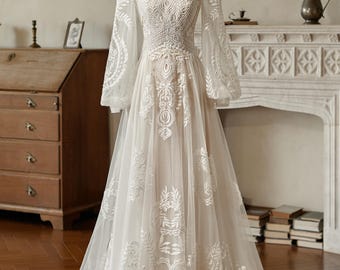 Boho Brautkleid aus Spitze, V-Ausschnitt A-Linie Tüll Brautkleid, mit langen Ärmeln