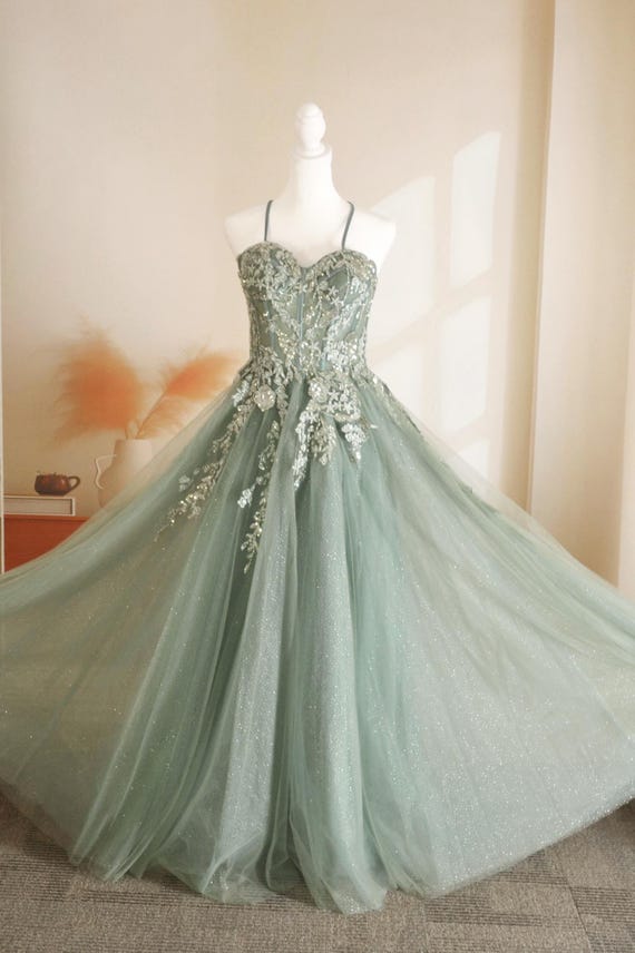sage green beaded prom dress Prom Dress 32146