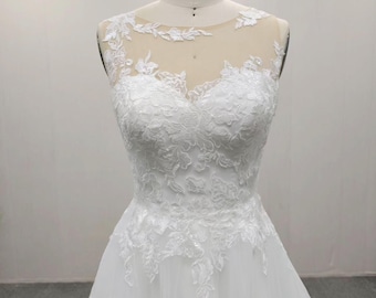 A-Line Custom Made Lace Wedding Dress, Illusion Neckline Tulle Bridal Gown