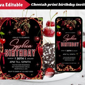Cheetah Print Birthday Invitation, Cheetah Black Bow Coquette Party, Leopard Party Invite, Red Cherry Party, Editable Canva Template