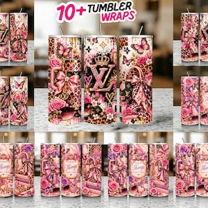 May include: A collection of digital tumbler wraps featuring pink and gold designs with leopard print, butterflies, roses, bows, handbags, and the text 10+ TUMBLER WRAPS and Good Things Take Time in various decorative layouts.