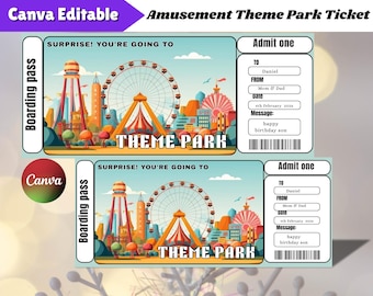 Bewerkbaar ticket attractiepark, gezinsvakantie onthulling, afdrukbare toegangspas park, cadeaubon verrassingsreis, digitaal bestand