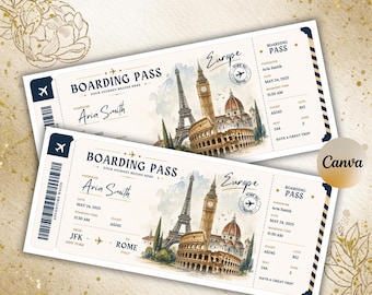 Canva-sjabloon voor een instapkaart voor Europa, printbaar reisticket, bewerkbaar vliegticket, uitnodiging voor een instapkaart, reisaankondiging