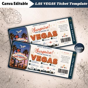 Könnte beinhalten: Eine Las Vegas Geburtstags-Bordkarten-Ticketvorlage mit dem Welcome to Fabulous Las Vegas Schild, Flugzeuggrafiken und Text wie Happy Birthday, Surprise! You're Going To Vegas, Passagiername, Datum, Uhrzeit und Zielfeldern.
