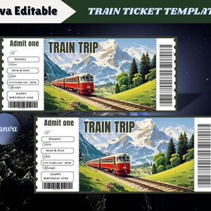 Puede incluir: Dos plantillas de billetes de tren con una ilustración escénica de montaña y tren. Cada billete dice "Admit one" y "Train Trip", con campos editables para el nombre, la fecha y un mensaje. Los billetes están diseñados con una estética vintage e incluyen un código de barras.