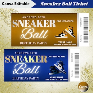 Puede incluir: Dos entradas editables para la fiesta de cumpleaños Sneaker Ball. Una entrada es dorada con zapatillas negras y amarillas, la otra es azul con zapatillas azules y blancas. Ambas entradas tienen los detalles del evento.