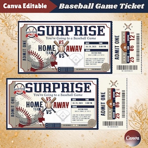 Puede incluir: Dos entradas para un partido de béisbol con un diseño vintage. Las entradas presentan el texto "SURPRISE" y "You're Going to a Baseball Game". Los detalles incluyen fecha, hora y lugar. Las entradas tienen un gráfico de béisbol y bate.