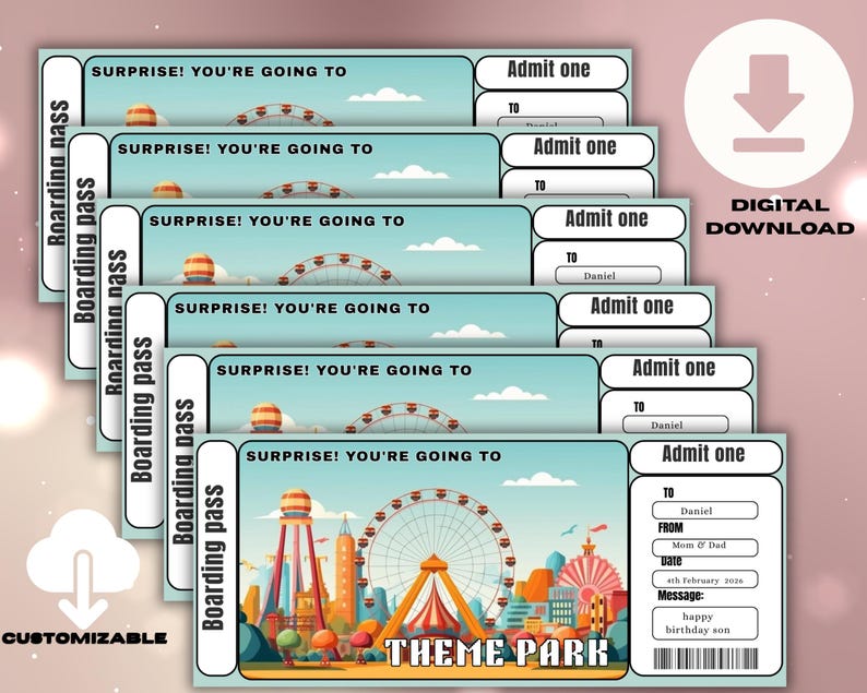 Editable Amusement Theme Park Ticket, Family Vacation Reveal,printable ...