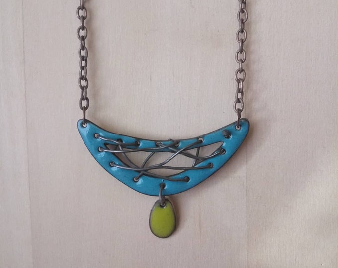 Get Your Wires Crossed Necklace: Enamel on Copper with oxidized Sterling wire