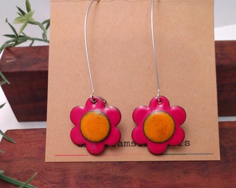 Mod Daisy Earrings: Enamel on Copper, red or blue