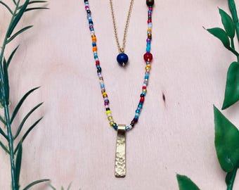 Color Treat Layering Necklaces #2: Seeds beads and hammered brass