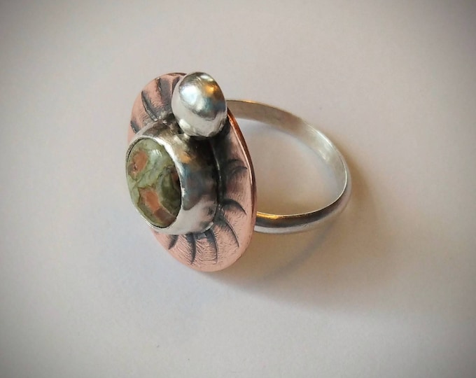 Orbit Ring: Green Onyx bezel set in Fine Silver on Copper with a recycled Sterling nugget on a Sterling band, size 7.5
