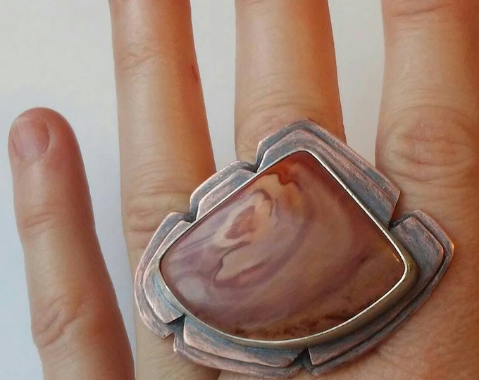 Seeds Ring #1: Polychrome Jasper set in Fine Silver on 2 sheets of Copper with a hammered Sterling band, size 8