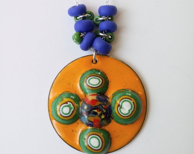 Psychedelic Goddess Pendant: Enamel and Glass on Copper, Glass and Clay Beads, Sterling Silver Chain