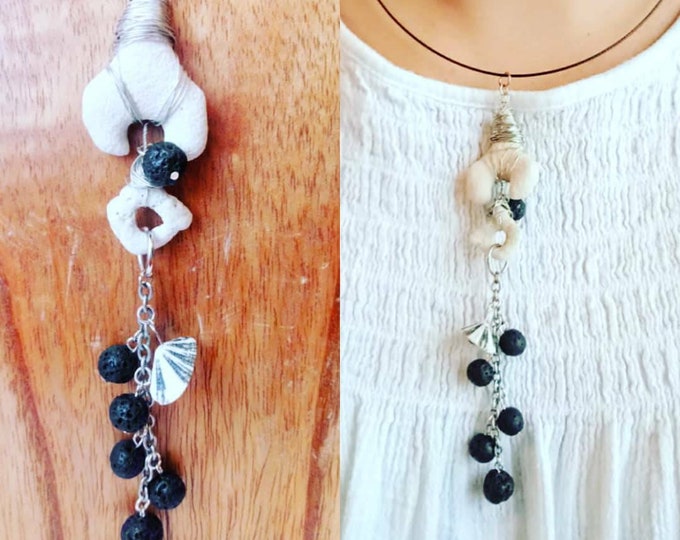 Beach Charm Necklace: wire-wrapped Coral, Lava Beads, chain, shell, black cable choker