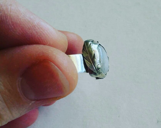 Moon Flower Bud Ring: Gray Crystal on a Sterling band with Fine Silver accent leaves, size 6
