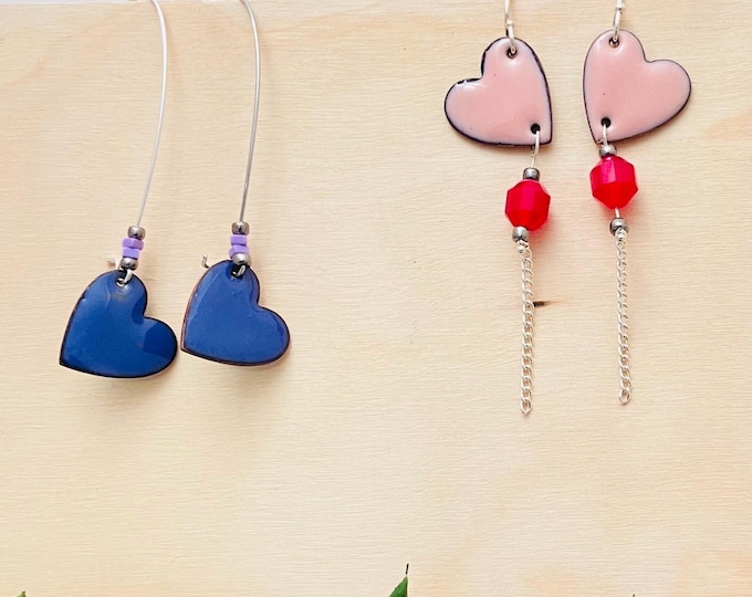 Enamel Heart Earrings, pink or purple