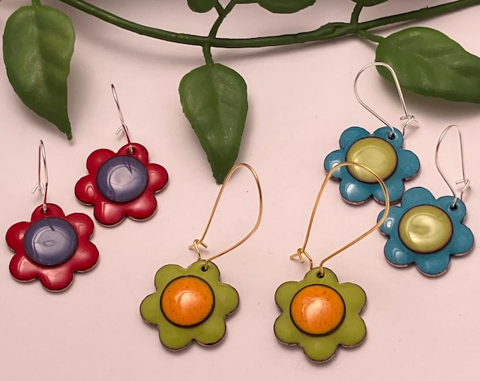 Daisy Earrings: Enamel on Copper, 4 color options