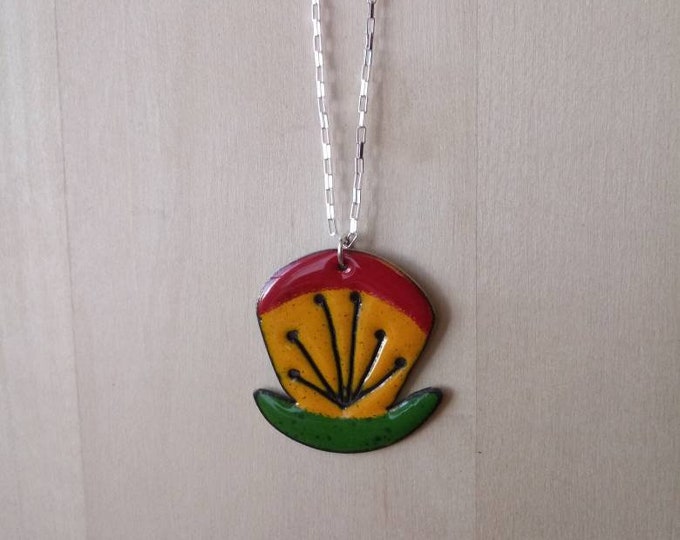 Mod Folk Flower Pendant: Enamel on Copper with Sterling chain