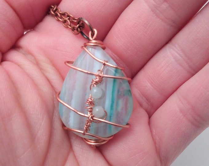 Along for the Ride Pendant: Copper Wire-Wrapped Teal Striped Botswana Agate