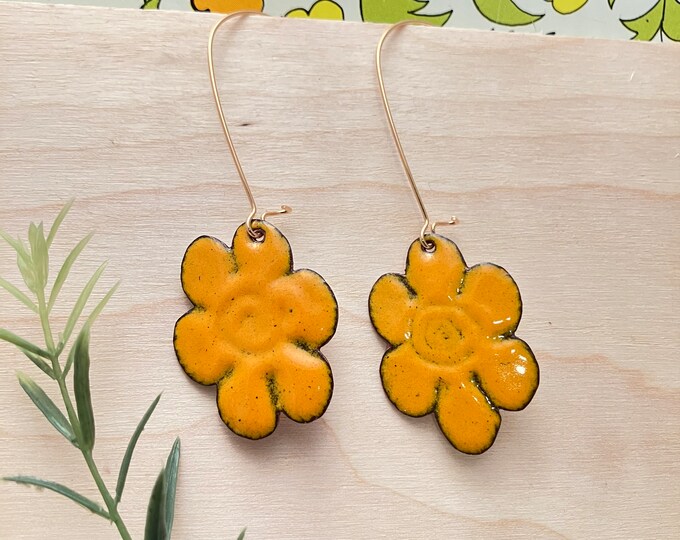 Vivid Yellow Flower Power Earrings: Enamel on Copper
