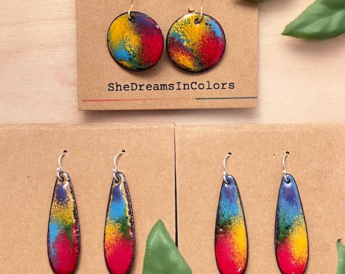 Rainbow Dust Earrings: Enamel on Copper, 1.5" teardrop earrings