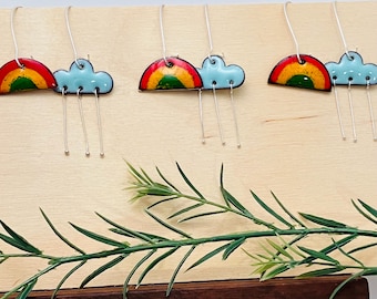 Rainbow and Rain Cloud Earrings: Enamel on Copper with silver plated ear wires