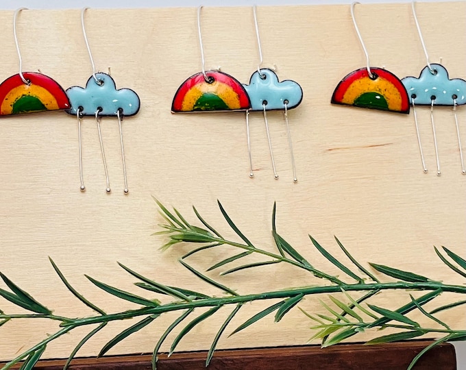 Rainbow and Rain Cloud Earrings: Enamel on Copper with silver plated ear wires