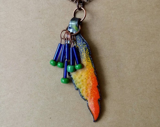Soul Dust Series: Enamel on Copper Feather with Beaded Fringe