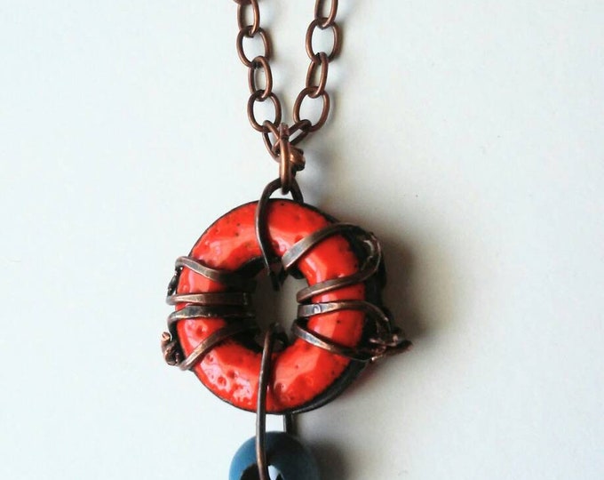 Orange Crush Pendant: Enamel on Steel with Copper Wire and Wood