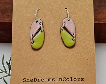 Pink and Green Halfsies Earrings: Enamel on Copper