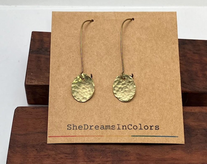 Hammered Brass Earrings: Small ovals with long ear wires