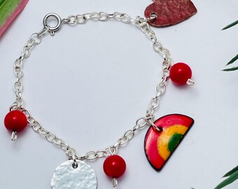 Retro Charm Bracelet: Enamel, copper, and steel charms with stone beads